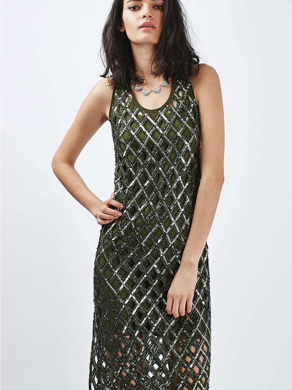 Topshop Olive Green Sequined Lattice Maxi Dress